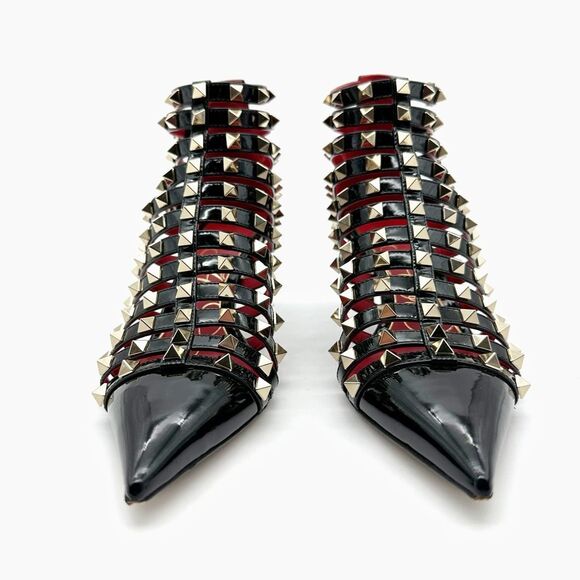VALENTINO Rockstud Alcove Black Leather Boot Size 38 Pointed Toe Kitten Stiletto - Picture 6 of 11